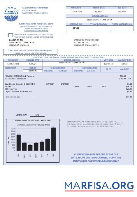 Blank USA Lakewood Water District business utility bill template in Word and PDF formats